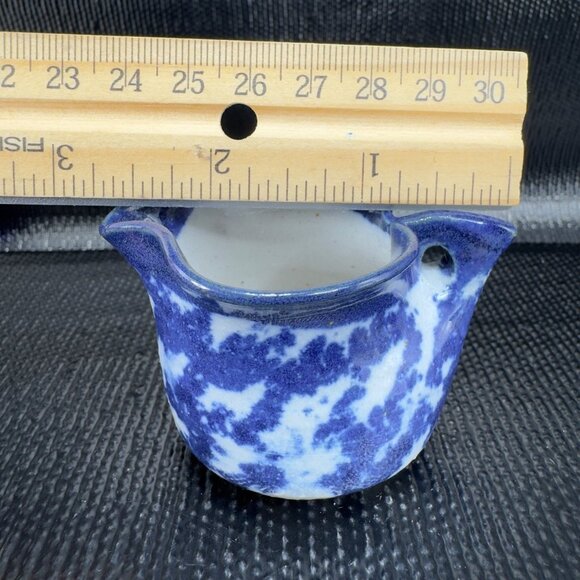 Vintage Miniature Cobalt Blue White Spongeware Pottery Stoneware Hanging Pitcher - Picture 3 of 11